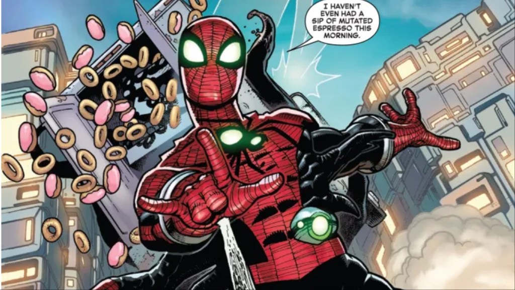 The Radioactive Spider-Man swinging through the city as donuts fall out of the box behind him