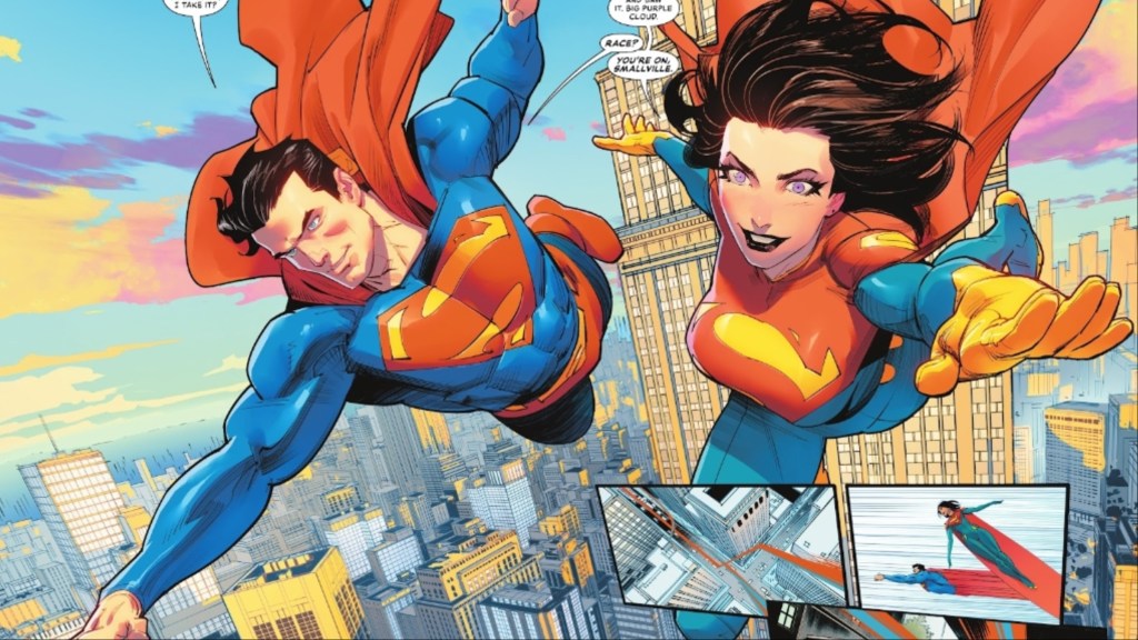 Superman and Superwoman flying over Metropolis