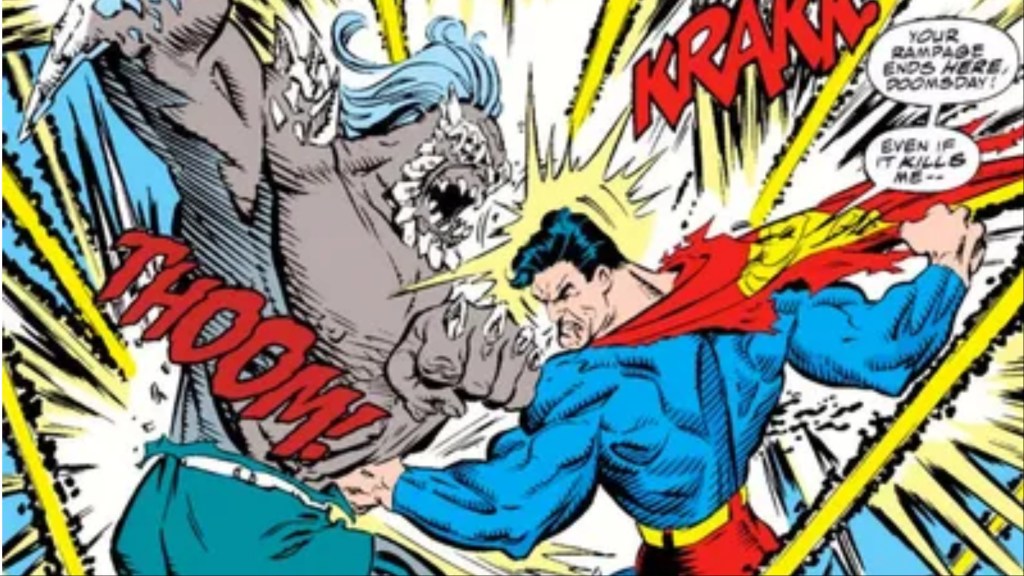 Superman fighting Doomsday as energy bolts rain down on them