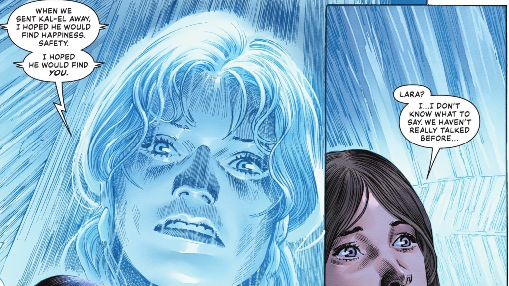 Lois Lane talking to a hologram of Lana El