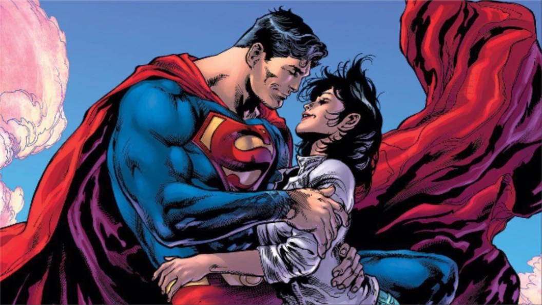 Superman and Lois Lane kissing in the sky