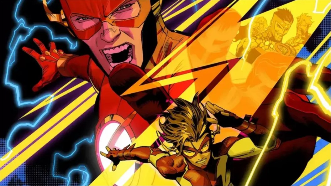 Wally West reaching towards Impulse, with the Darkseid Legion in a lightning bolt