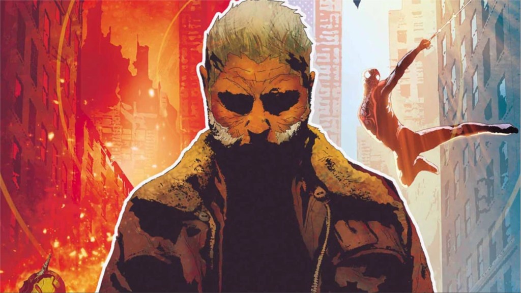 Old Man LOgan, with the future of the Wastelands on his right side and the present, with Miles Morales swinging by on his left
