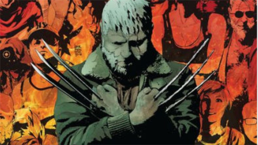 Old Man LOgan, crossing his hands over his chest with his claws out, with friends and family standing behind him