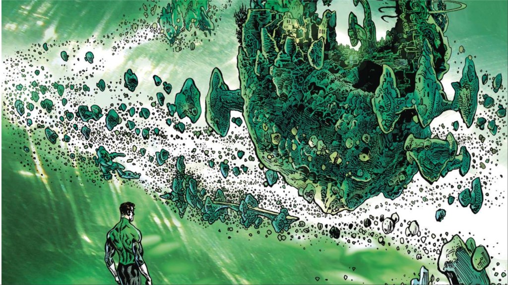 Hal Jordan looking at a green city made of asteroids surrounded by green rocks