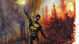 Hal Jordan holding up his ring in front of a burning and dark forest
