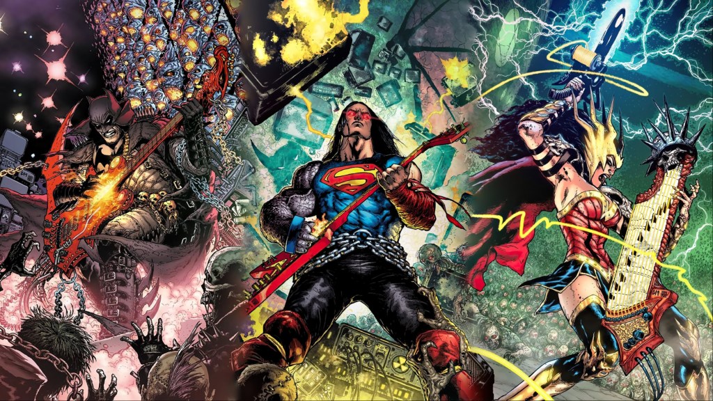 Batman, Superman, and Wonder Woman jamming out in promo artwork for Dark Knights: Death Metal