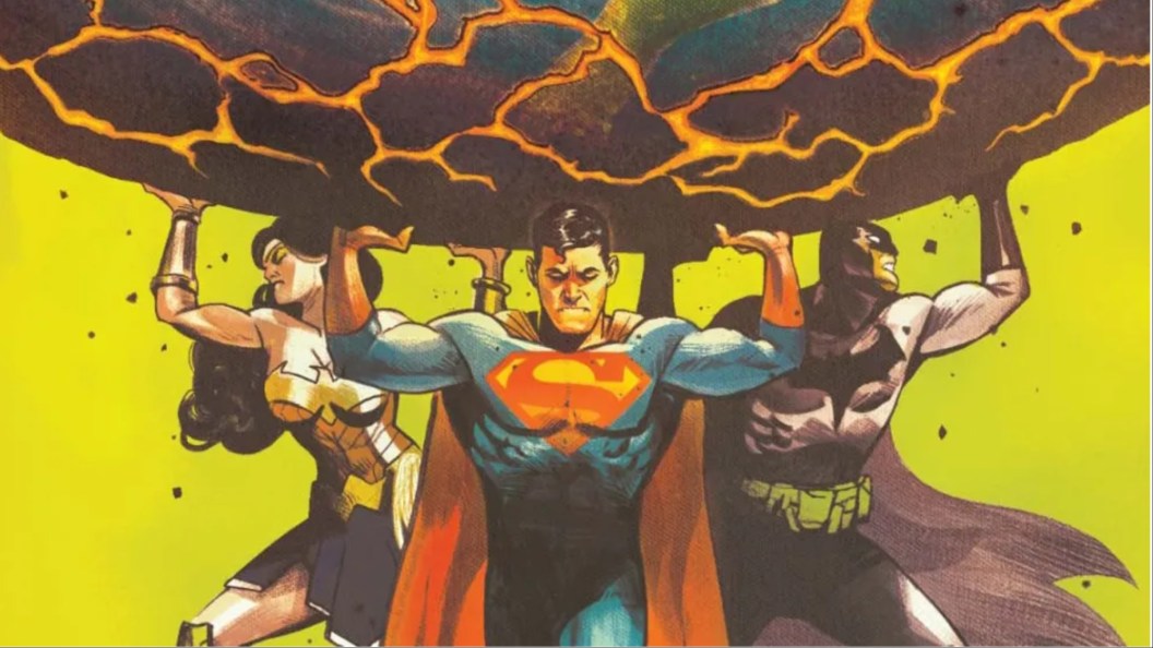 Superman, Batman, and Wonder Woman holding up a cracking planet