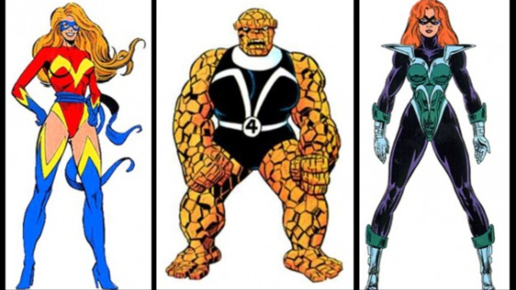 Sharon Ventura in two of her Ms. Marvel costumes and as She-Thing