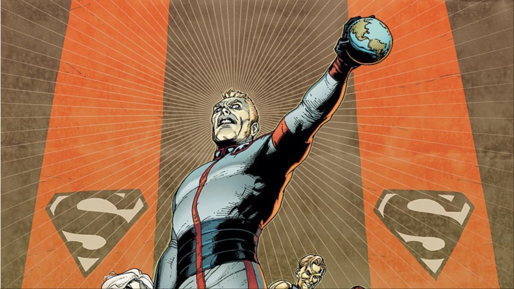 Earth-Man holding a globe with Superman insignia's behind him