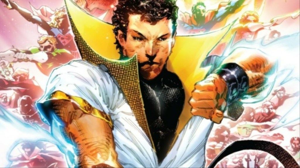 Karate Kid standing arms akimbo in front of the heroes of the DC Universe