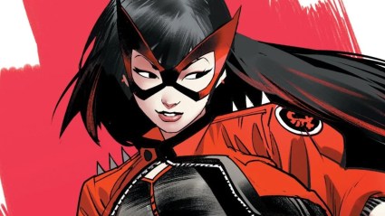 Red Canary with red paint behind her by Dan Mora