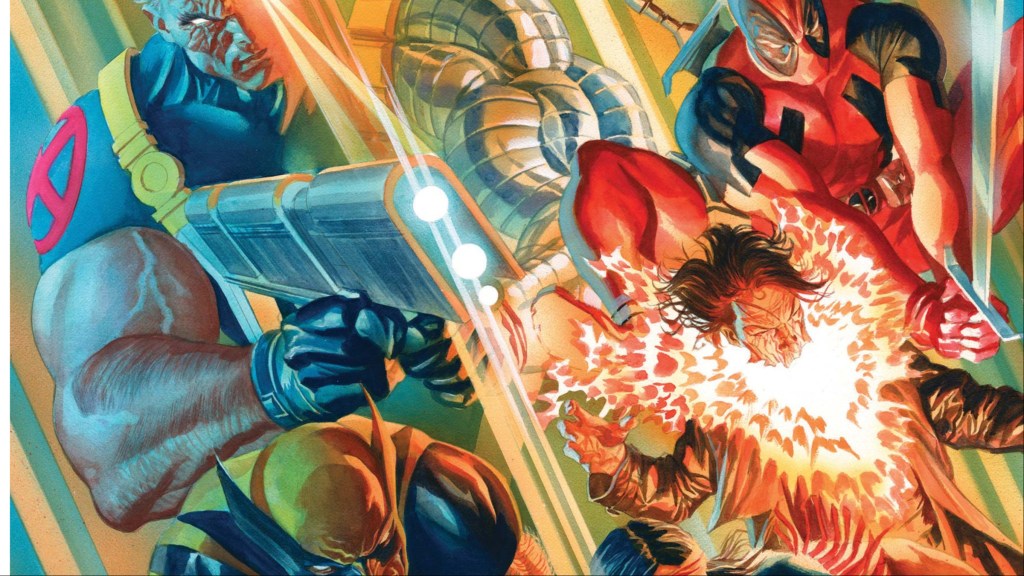 Cable, Deadpool, Wolverine, and Chamber together jumping into battle