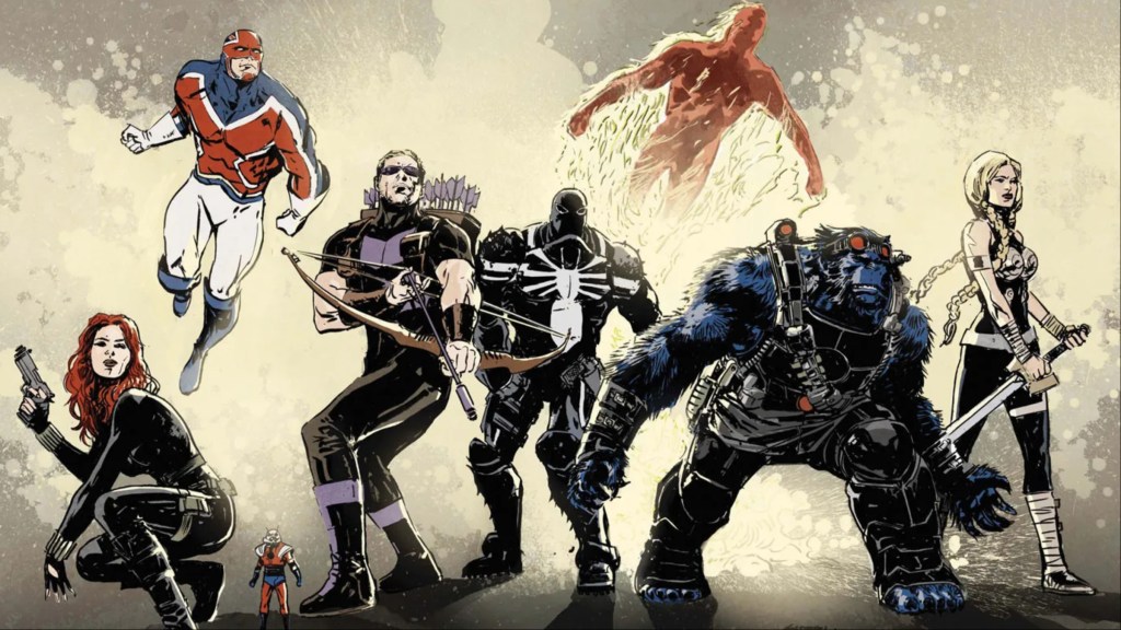 Black Widow, Captian Britain, Hawkeye, Agent Venom, Human Torch, Beast, and Valkyrie together as the Secret Avengers