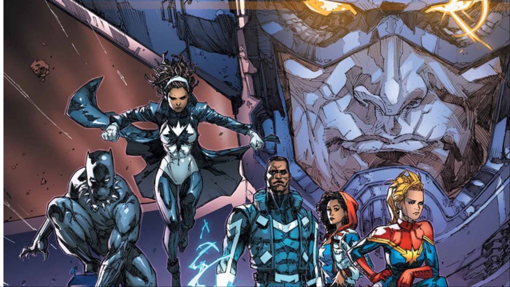 Black Panther, Spectrum, Blue Marvel, America Chavez, Captain Marvel, and Galactus