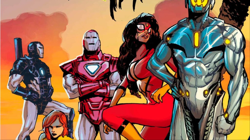 War Machine, Firestar, Iron Man, Spider-Woman, and Ultron