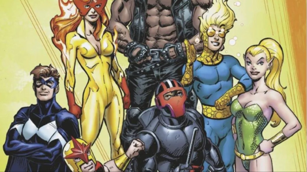 Marvel Boy/Justice, Firestar, Rage, Speedball, Jight Thrasher, and Namorita hanging out together