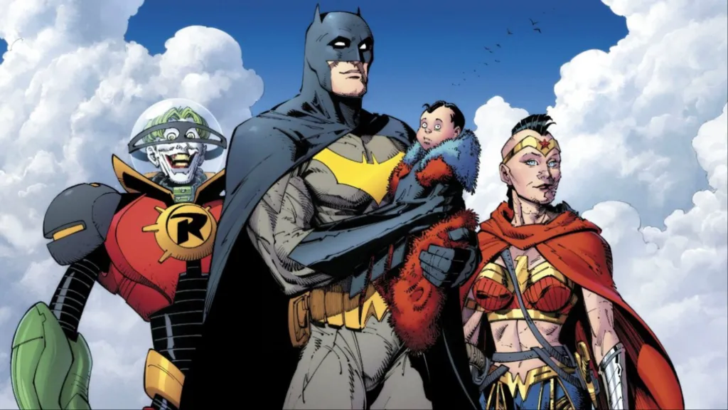 Joker Robin, Batman holding baby KalEl, and Wonder Woman staring into the future.