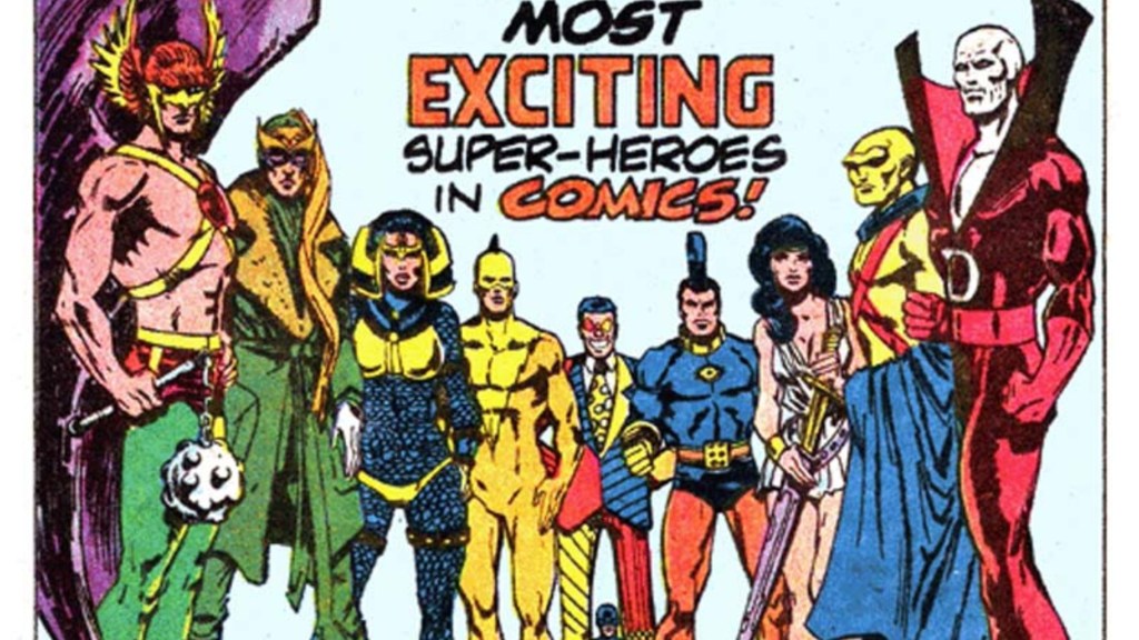 Hawkman, Enemy Ace, Big BArda, the Ray I, Slapstick, OMAC, Madame Xanadu, Martian Manhunter, and Deadman standing together in an ad for the DC Explosion