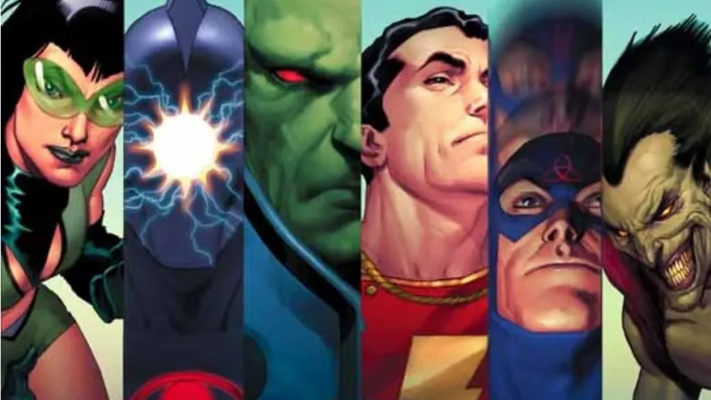 Phantom Lady, OMAC, MArtian Manhunter, Captain Marvel/Shazam. the Atom, and the Creeper together on the cover of Brave New World #1