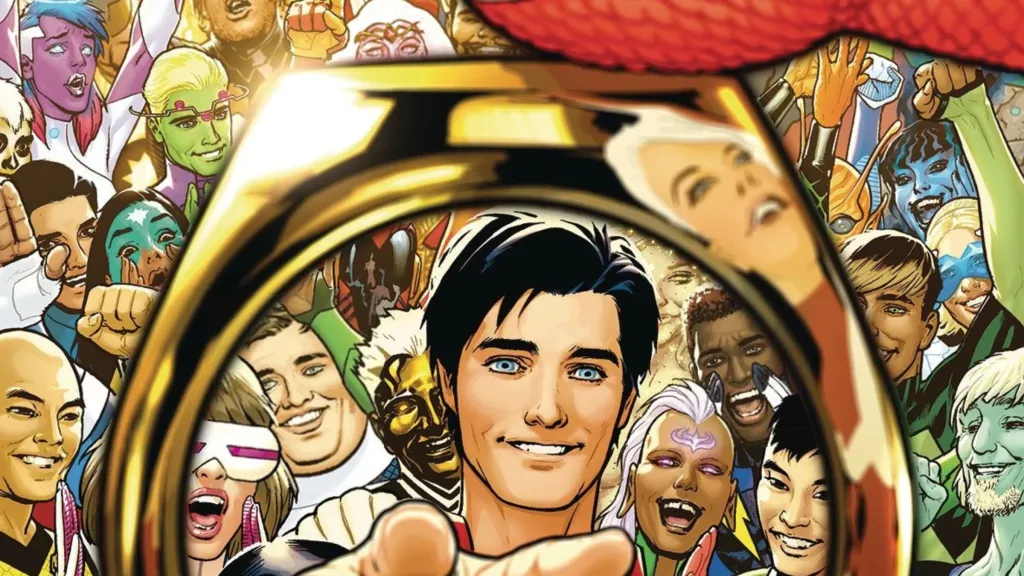 Satrun Girl handing Jon Kent a Legion flight ring with the rest of the Legion behind him