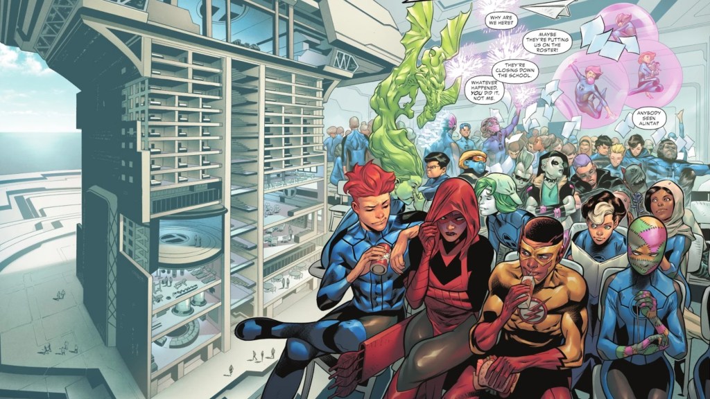 Kid Flash sitting with numerous DC teen heroes at the Titans Academy