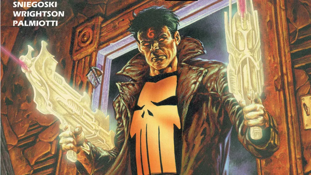 Punisher walking through the door with an angel symbol on his head and holding magic guns