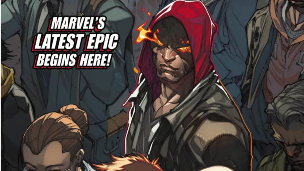 An Inhuman with glowing red eyes standing in a crowd of people