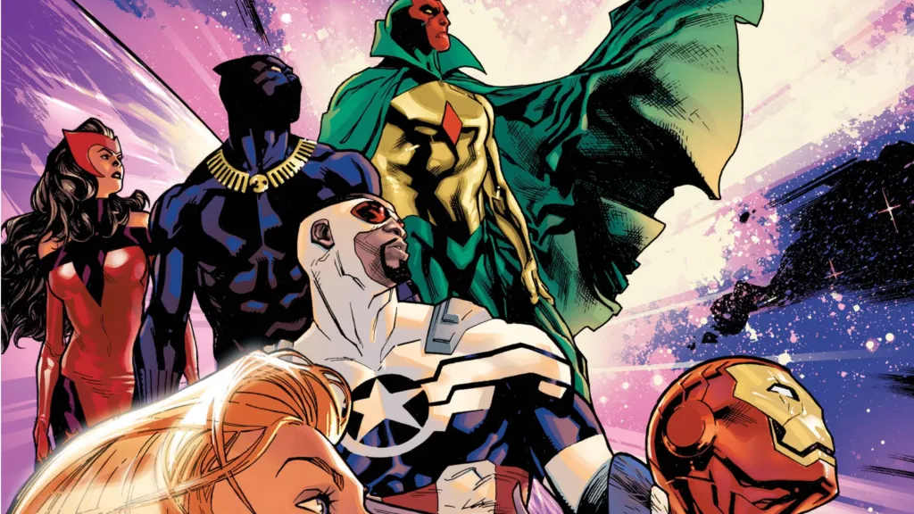 Scarlet Witch, Black Panther, Vision, Captain America, Iron Man, and Captain MArvel standing together looking up at an angle