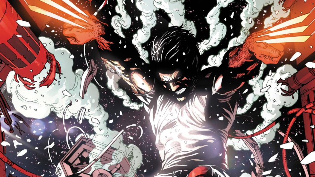 Wolverine being pulled into space with his glows glowing with heat