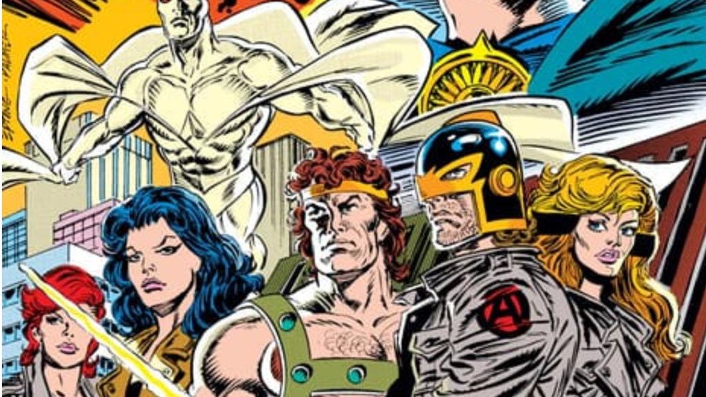 White Vision, Black Widow, Sersi, Hercules, Black Knight, and Crystal in the leather jacket era of the Avengers