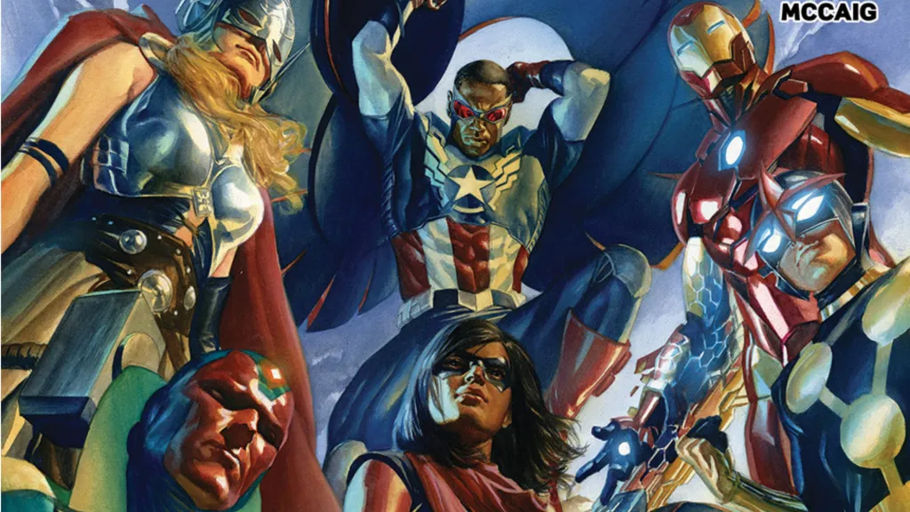 JaneThor, FalconCap, Iron Man, Ms. Marvel, Nova, and the Vision together by Alex Ross