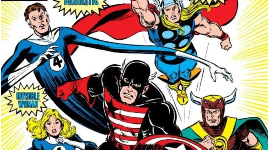 Mister Fantastic, Thor, Invisible Woman, the Captain, and Gilgamesh drawn by John Buscema