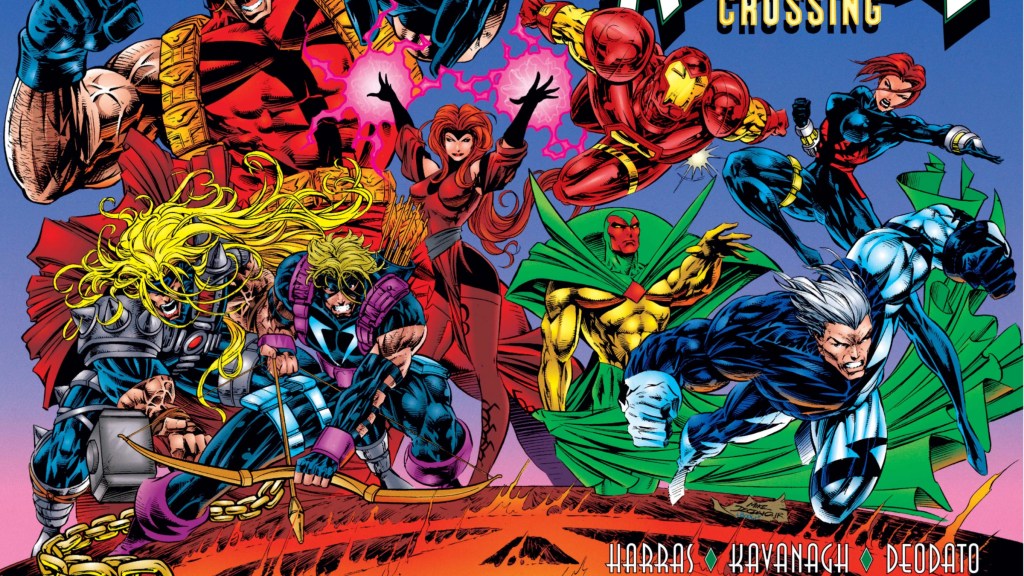 Black Widow, Quicksilver, the Vision, Iron Man, Scarlet Witch, Hawkeye, Thor, and Giant-Man running into battle