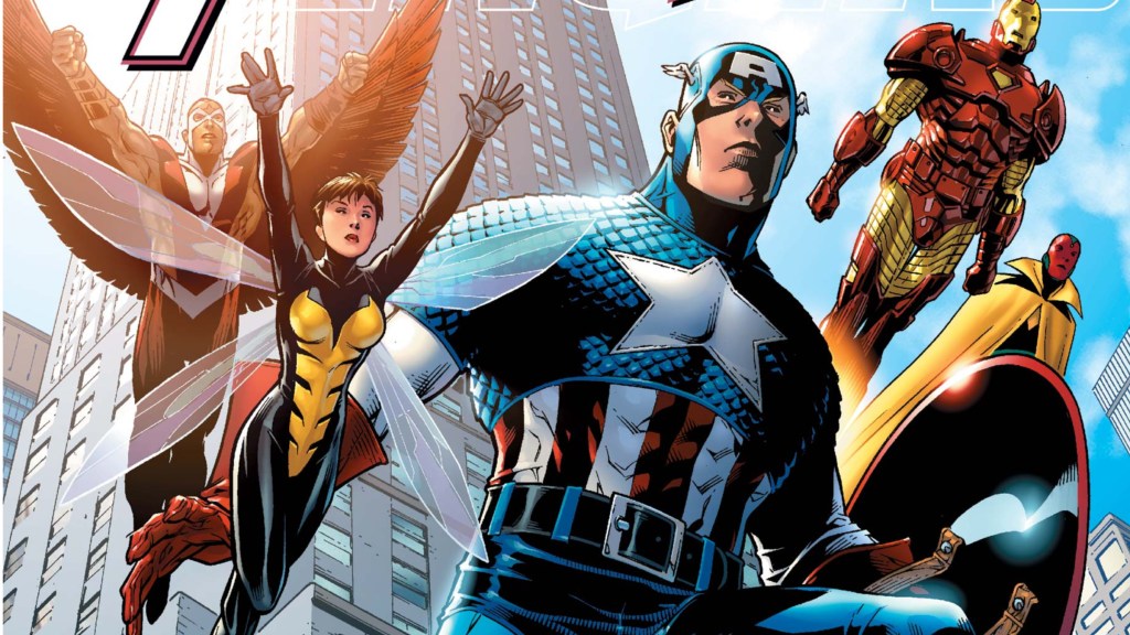 The Falcon, the Wasp, Captain America, Iron Man, and the Vision flying through the city