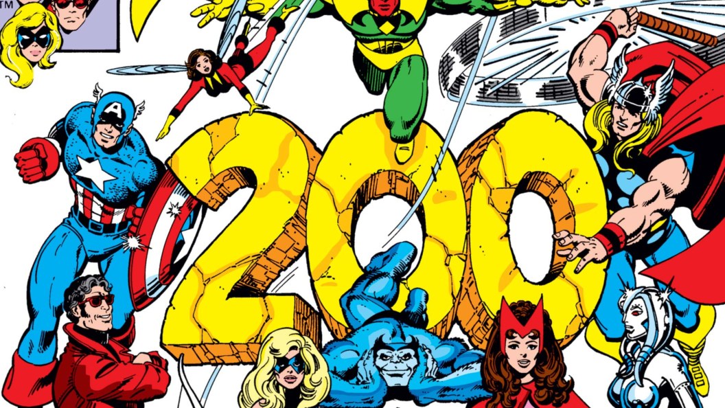 Captain America, the Wasp, the Vision, Thor, Jocasta, Scarlet Witch, Beast, Ms. Marvel, and Wonder Man on the cover of Avengers #200