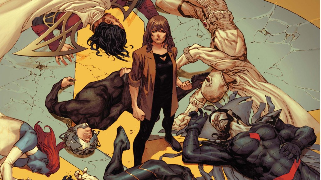 Moira MacTaggert standing over the fallen bodies of Exodus, Magneto, Xavier, Sinister, and Mystique