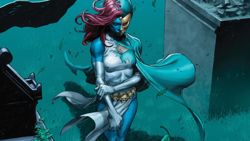 Mystique transforming into Destiny in a graveyard