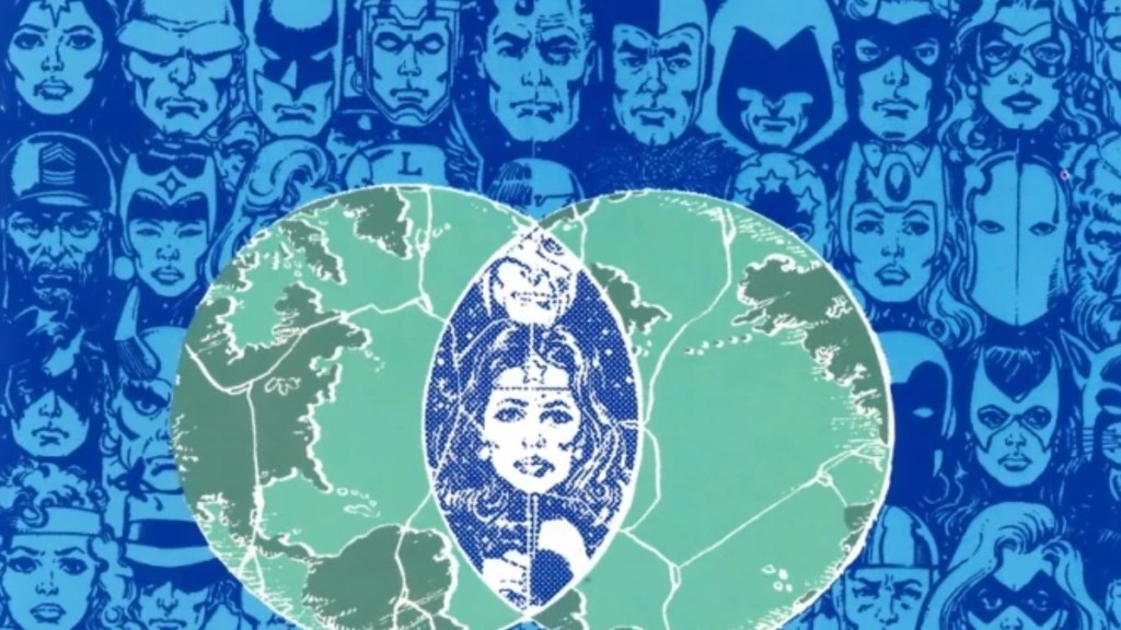 the heroes of Earth-One and Earth-Two and their Earths next to each other, with the two Earths melding