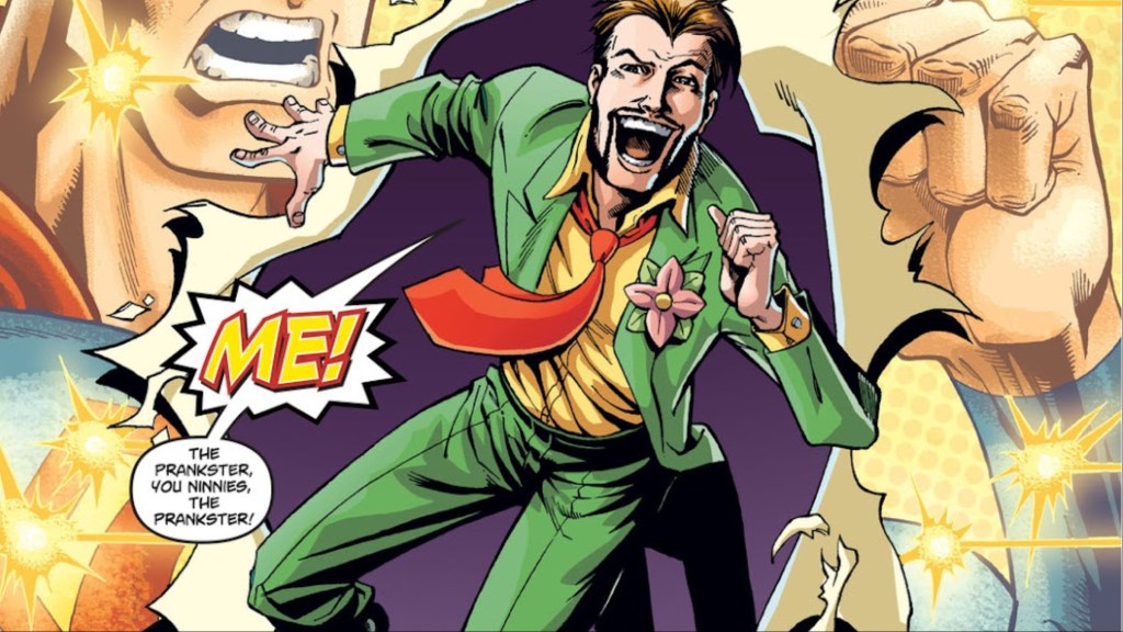 The Prankster jumping through a picture of Superman