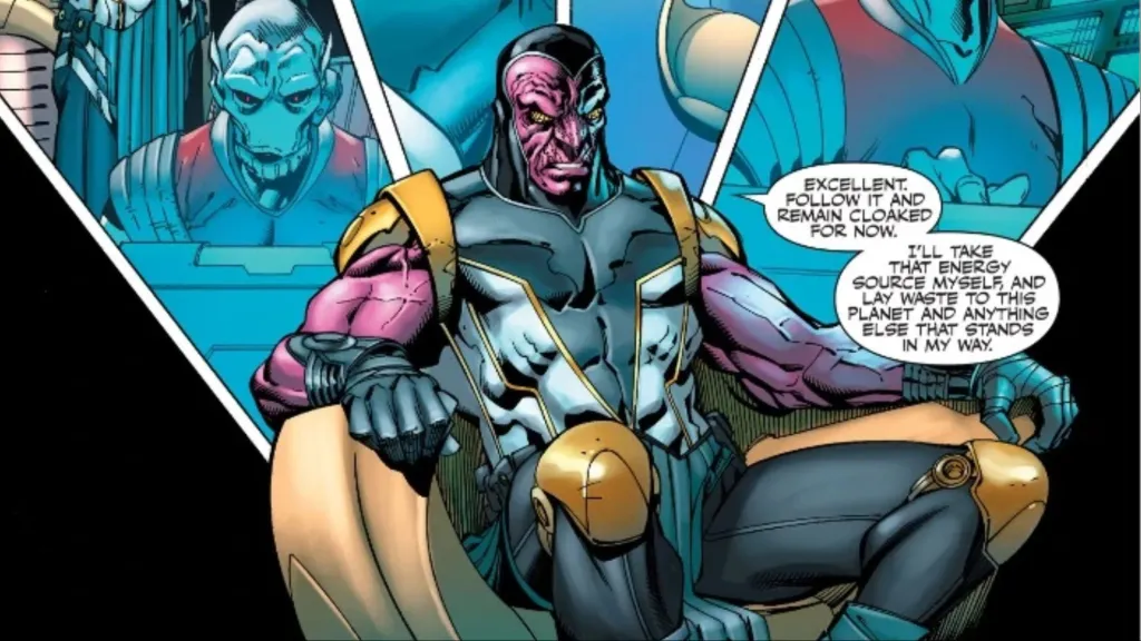 Kanjar Ro sitting on a throne in front of a screen with aliens on it