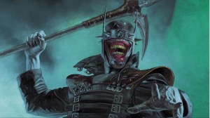 The Batman Who Laughs smiling evilly lifting an ax to strike