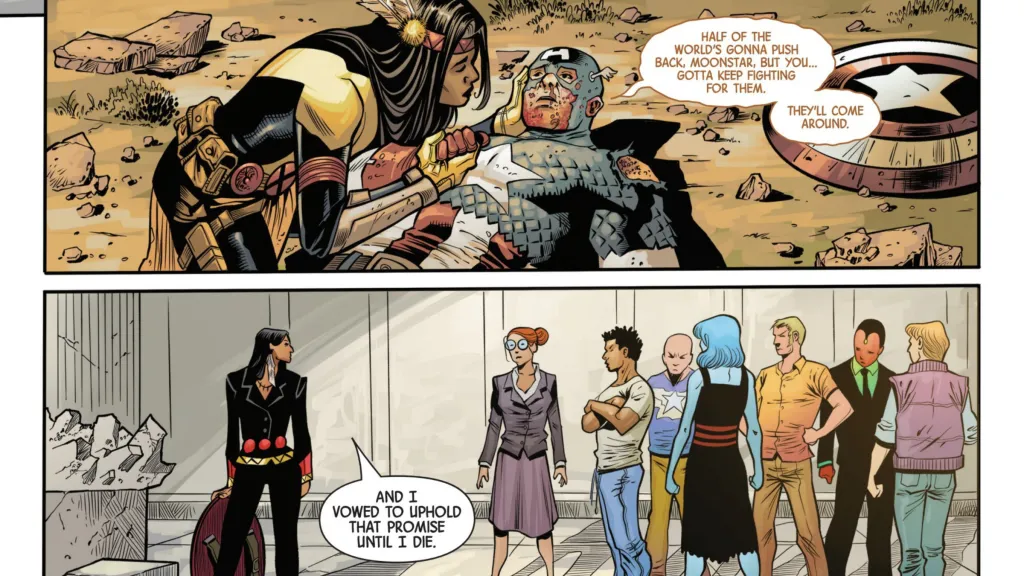 Dani Moonstar with Captain America as he dies, then talking to a group of humans who don't believe in her