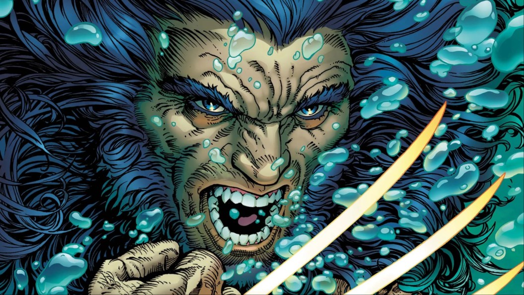 Wolverine underwater, surrounded by buubles, his claws glowing with heat
