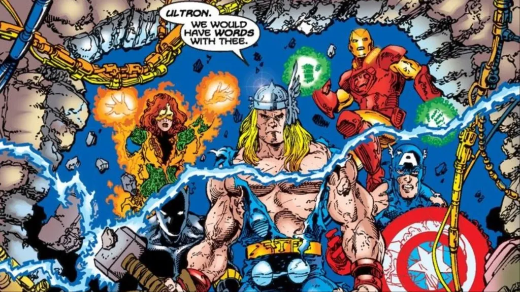 Firestar, Black Panther, Thor, Iron Man, and Captain America ready to face Ultron