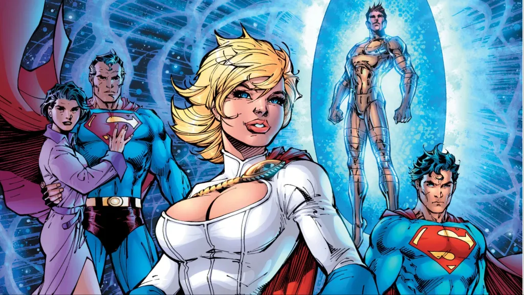 Power Girl smiling with Earth-Two Superman and Lois Lane, Earth-Three Alexander Luthor, and Superboy-Prime