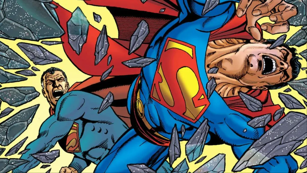 Earth-Two Superman punching Superman through the walls of reality