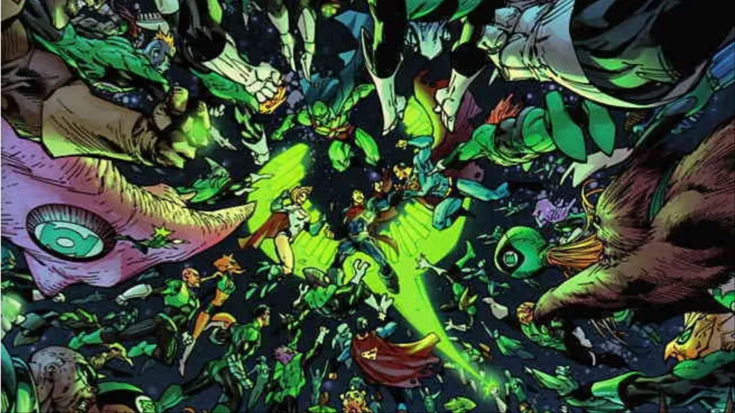 The Green Lantern Corps, Superman, Power Girl, Martian Manhunter, and Earth-Two Superman battling Superboy-Prime