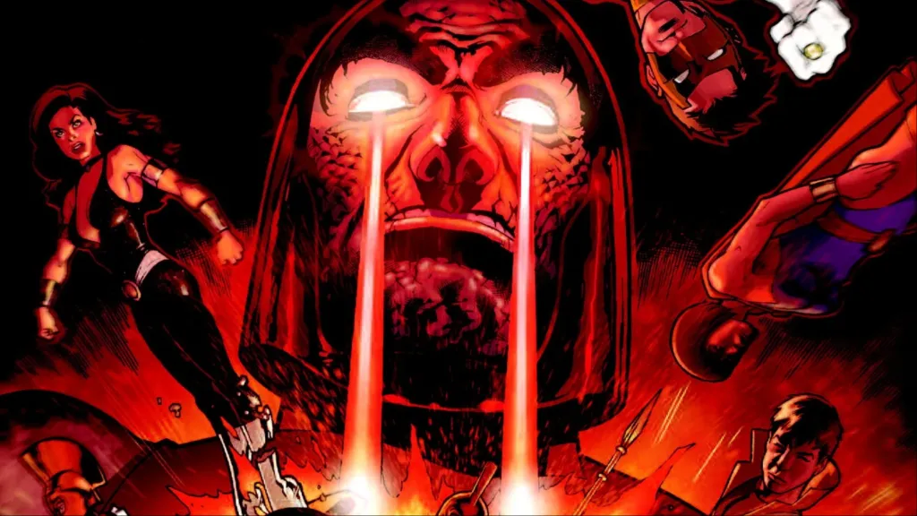 Darkseid firing eyes beams at a chess board and pieces shaped like Donna Troy, Kyle Rayner, Triplicate Girl, and Karate Kid flyijng through the air