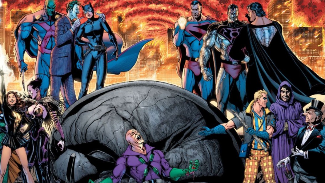 Mary Marvel, Eclipso, Joker, Catwoman, Kingdom Come Superman, Cyborg Superman, Superman-Prime, Penguin, Trickster, and Lex Luthor around a fallen statue of Darkseid with a city burning in the background